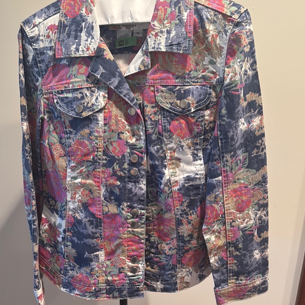 Blue and Pink Floral Jean Jacket with Artistic Design